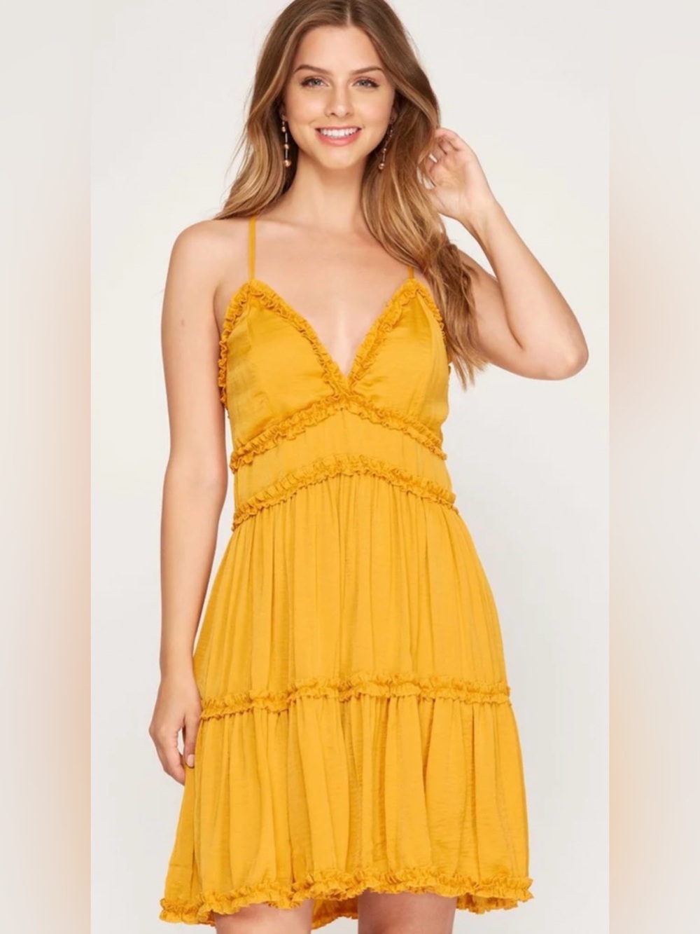 She + Sky Golden Yellow Ruffle Tiered Dress with Crossback Straps